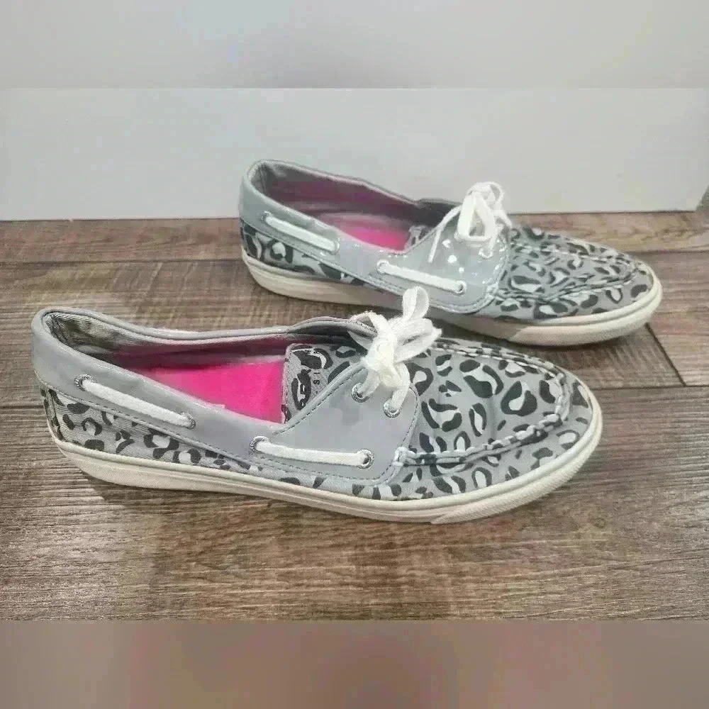 Sperry Cheetah Sider Women's Size 8.5 M Boat Shoes Gray White Canvas Loafers